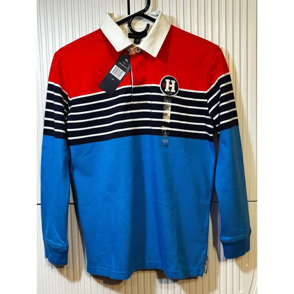 NWT  Tommy Hilfiger Boys L 12-14 Box-Kick Rugby Polo Colorblock Red  Blue2015